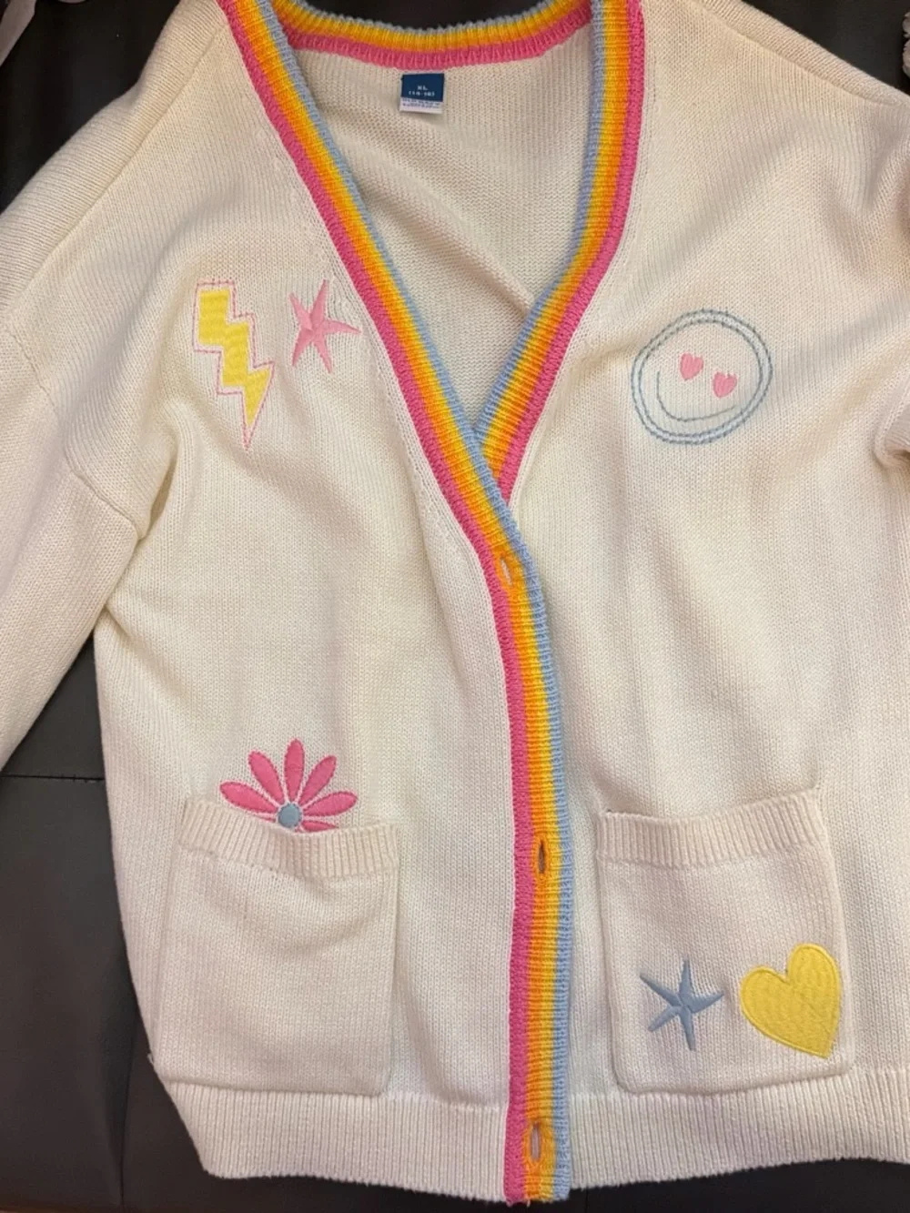 Kids Old Navy Cream Cardigan with Rainbow Trim and Fun Patches